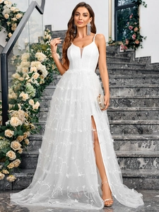 Elegant white lace embroidery V-neck mesh dress with high slit and back tie detail