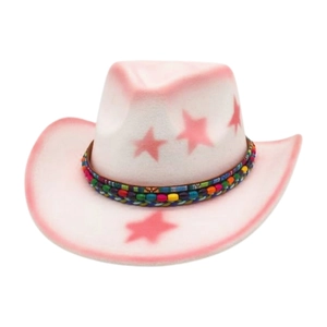 Western Cowboy Hat Woolen Felt Star Print Bohemian Ethnic Beaded Band Vintage Retro Wide Brim For Men Women