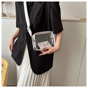 Detail of transparent PVC crossbody bag with white trim worn by a model in black suit