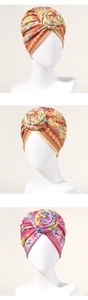 Vertical display showing bohemian turbans in yellow paisley, red retro, and floral prints