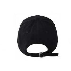 Rear view of black cotton baseball cap showing adjustable strap and silver metal buckle