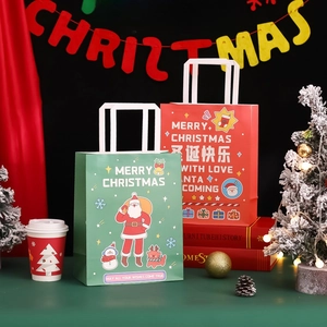 Red and green Christmas gift bags with handles and festive Santa Claus patterns