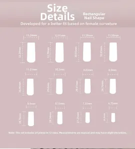 Detailed size chart for long French press-on nails with 12 precise width and length specs