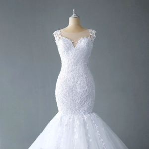 Elegant white lace mermaid wedding dress with illusion V-neck and floral embroidery