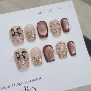 Handmade ABS Press On Nails Brown Cat Eye Champagne Diamond Bow Artificial Pearl French Style Elegant Fake Nails For Women