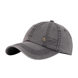 Vintage dark grey washed cotton baseball cap with retro embroidery and curved brim