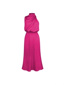 Elegant rose red halter neck satin dress with pleated details and long A-line skirt