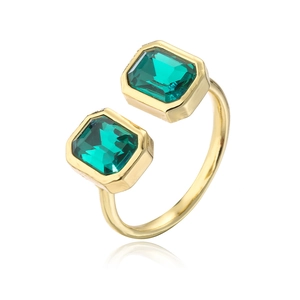18K gold plated adjustable open ring featuring two rectangular emerald green zircons