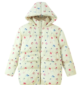 Detail of hooded padded coat with floral fruit print and zip closure for women