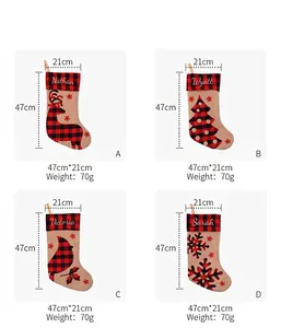 Four designs of red and black plaid linen Christmas stockings, 47x21cm, weights 70g each