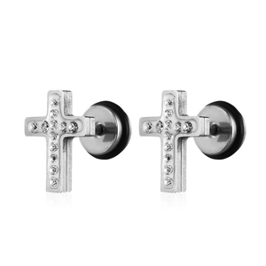 Close-up of silver cross stud earrings with sparkling crystals and black silicone backs