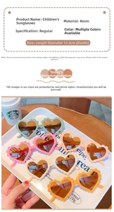 Detail view of colorful heart-shaped children's resin sunglasses with flexible frames