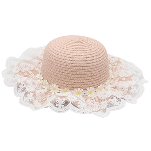 Girl's pink straw sun hat with delicate white lace trim and yellow daisy floral accents