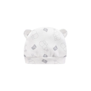 Newborn baby cotton beanie with cute cartoon bear and bottle patterns in white