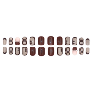 Short square coffee press-on nails with checkerboard patterns and pearl decorations