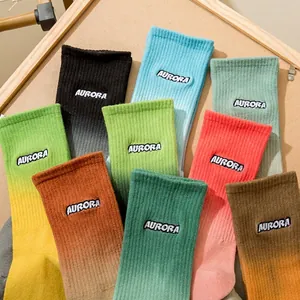 Colorful gradient cotton crew socks with AURORA embroidery for men and women