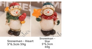 Detailed view of resin snowman ornaments with heart and star accents, 5x6.5cm size