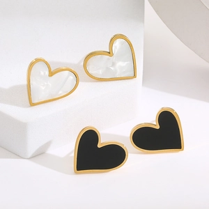 Elegant gold titanium steel heart stud earrings with black and white shell texture