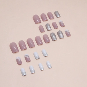 Nude pink and silver glitter gradient square press-on nails set with 24 pieces