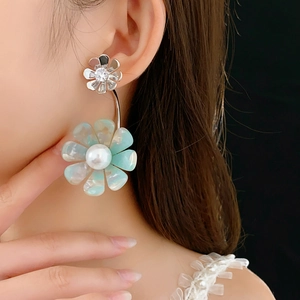 Close-up of model wearing silver flower earrings with pearls and blue gradient petals