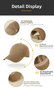 Detail view of washed cotton baseball cap with metal buckle and six-row stitching