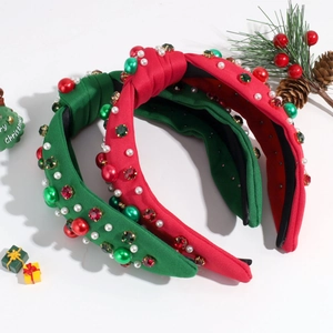 Red and green Christmas knot headbands with festive pearls and rhinestones decoration