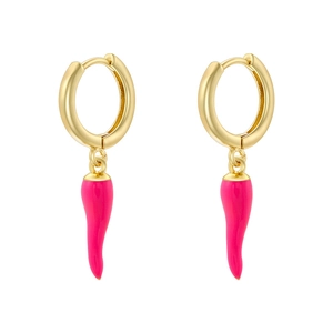 Detail view of gold hoop earrings featuring vibrant pink chili-shaped enamel charms