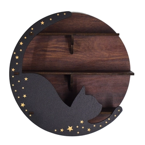 Detail view of moon and cat silhouette wooden shelf with three-tier storage levels
