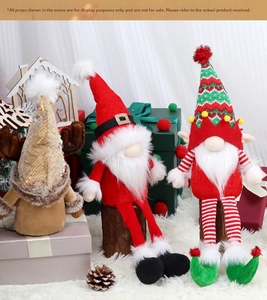 Three festive Christmas gnomes with sequins and plush fur on a cozy holiday background