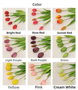 Grid display of artificial tulip bouquets in nine vibrant colors with realistic textures