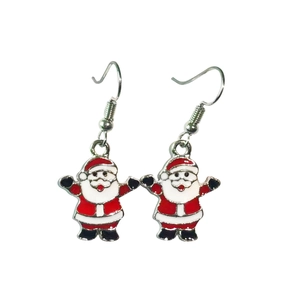 Detailed view of silver hooks with Santa Claus enamel pendants in red and white colors