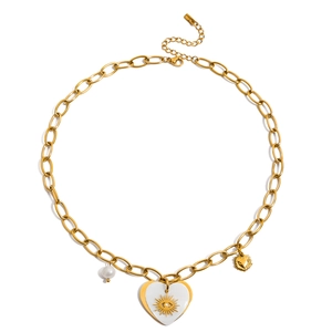 18K gold stainless steel necklace featuring shell heart, pearl, and evil eye charms
