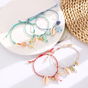 Handmade woven starfish shell bead bracelets set for women in blue and red tones