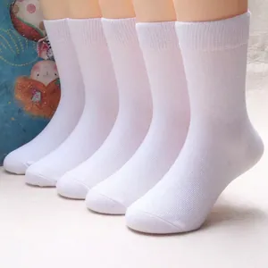 Five pairs of white cotton mid-calf socks for children aged 1-12, suitable for all seasons