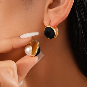 Vintage gold hoop earrings with reversible black velvet and white pearl design for women