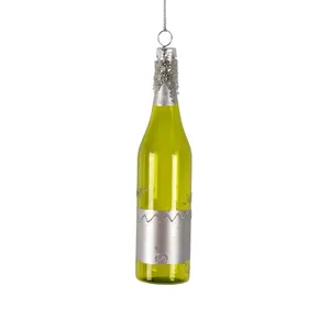 Detail view of a 13cm wine bottle Christmas ornament with green glass and silver glitter