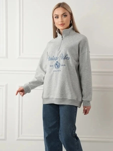 Detail eines grauen Sweatshirts mit Halbreißverschluss, Retro-Print und hohem Kragen