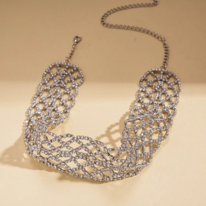 Detailed view of silver mesh choker necklace with sparkling rhinestones and lobster clasp