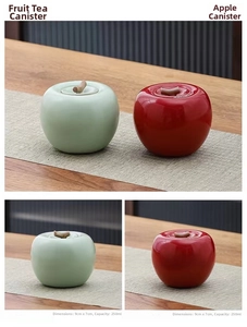 Dettaglio di contenitori per tè in ceramica a mela rossa e verde, 9x7cm con capacità 250ml