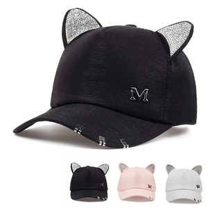Sweet cat ear baseball cap with rhinestones, metal rings and M logo in three colors