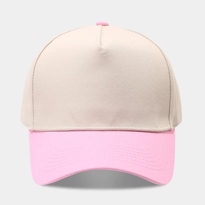 Detailed close-up of the beige and pink two-tone five-panel cotton twill baseball cap