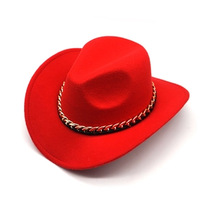 Western Cowboy Hat Wool Felt Fedora With Gold Metal Chain Band Curved Brim Vintage Jazz Style For Men Women