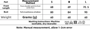Detailed size chart for lace camisole showing measurements for S, M, and L sizes