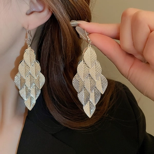 Silver metallic layered leaf drop earrings with textured sequins for women