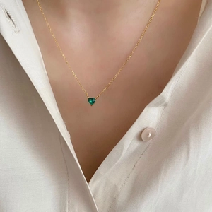 Minimalist 925 silver gold chain necklace with a heart-shaped green zircon pendant