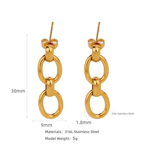 Boucles d'oreilles minimalistes dorées en acier 316L avec dimensions de 30mm de haut