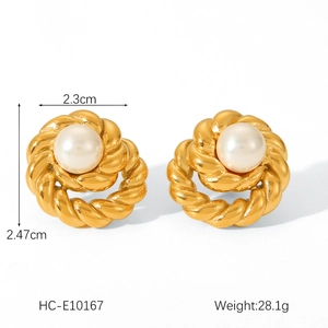Macro shot of 18k gold plated twist earrings with pearls showing 2.3cm x 2.47cm size