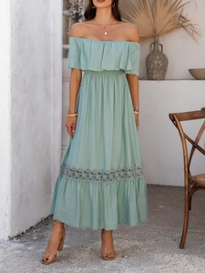 Off-shoulder light green vacation dress with ruffle neckline and lace patchwork detail
