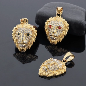 Gold plated titanium steel lion head pendant with crystal pavé and colored stone eyes