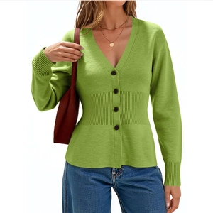 Elegant grass green knit cardigan with slim waist and V-neckline for women